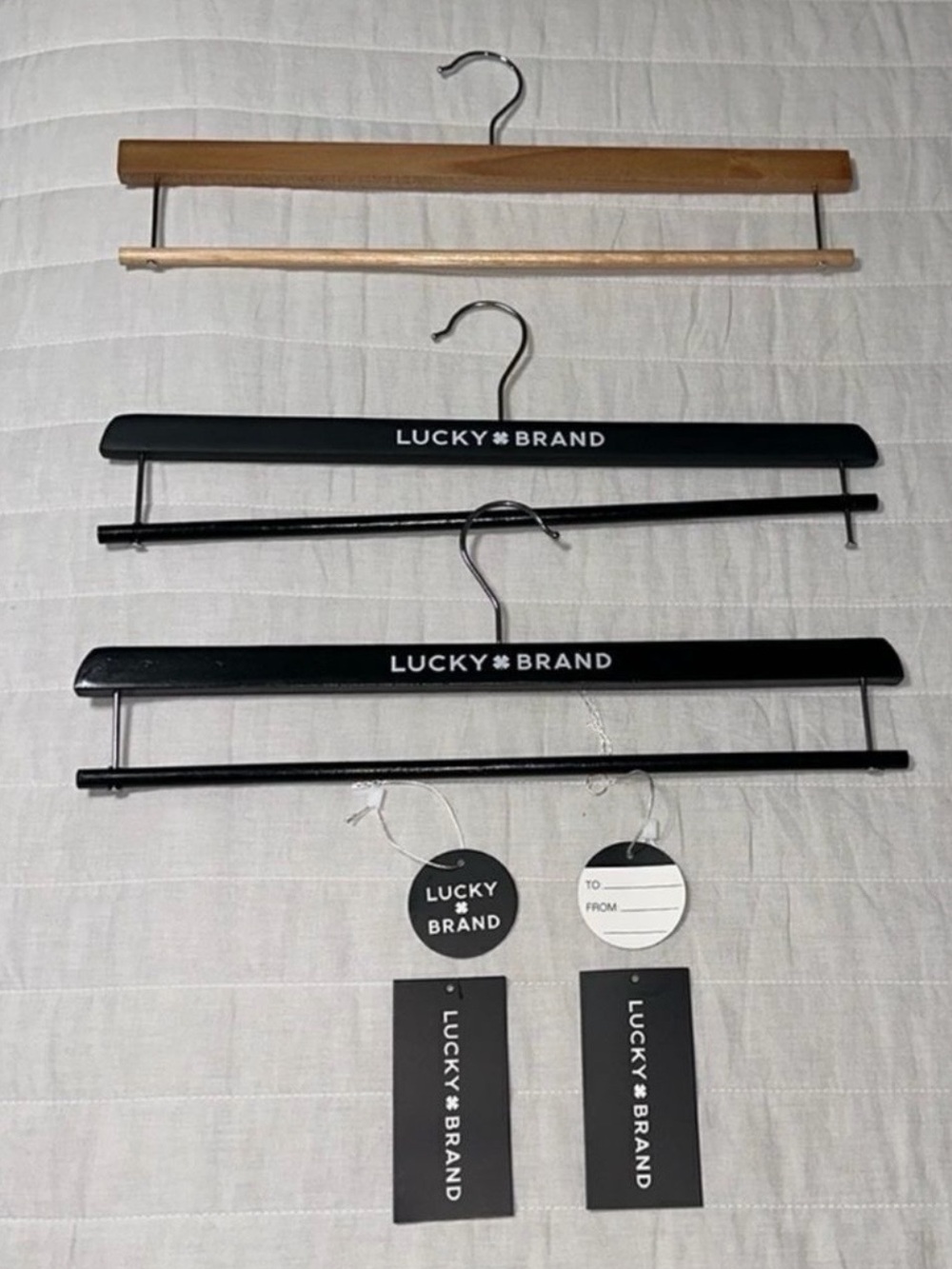 Lucky Brand Black x 2 Tan x 2 Wooden Plush Throw Hangers